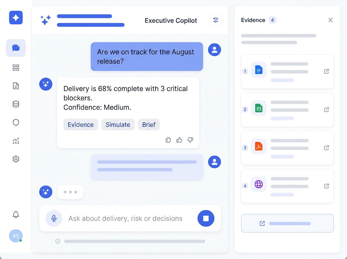 StakeSync AI copilot conversation with voice input and a linked evidence panel