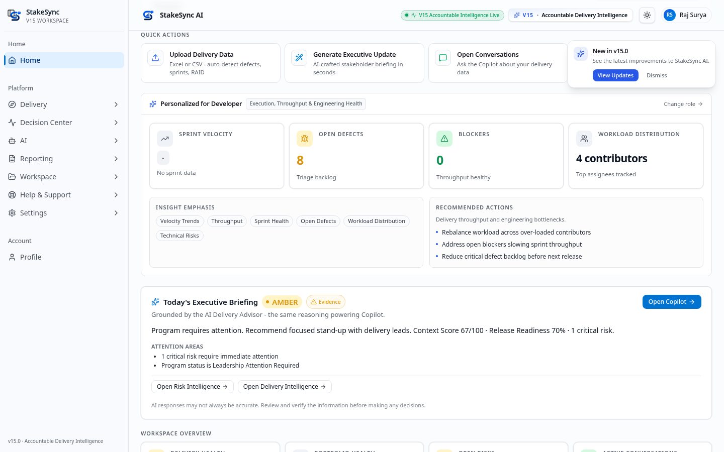 StakeSync AI delivery intelligence workspace showing sprint velocity, open defects, blockers and an executive briefing