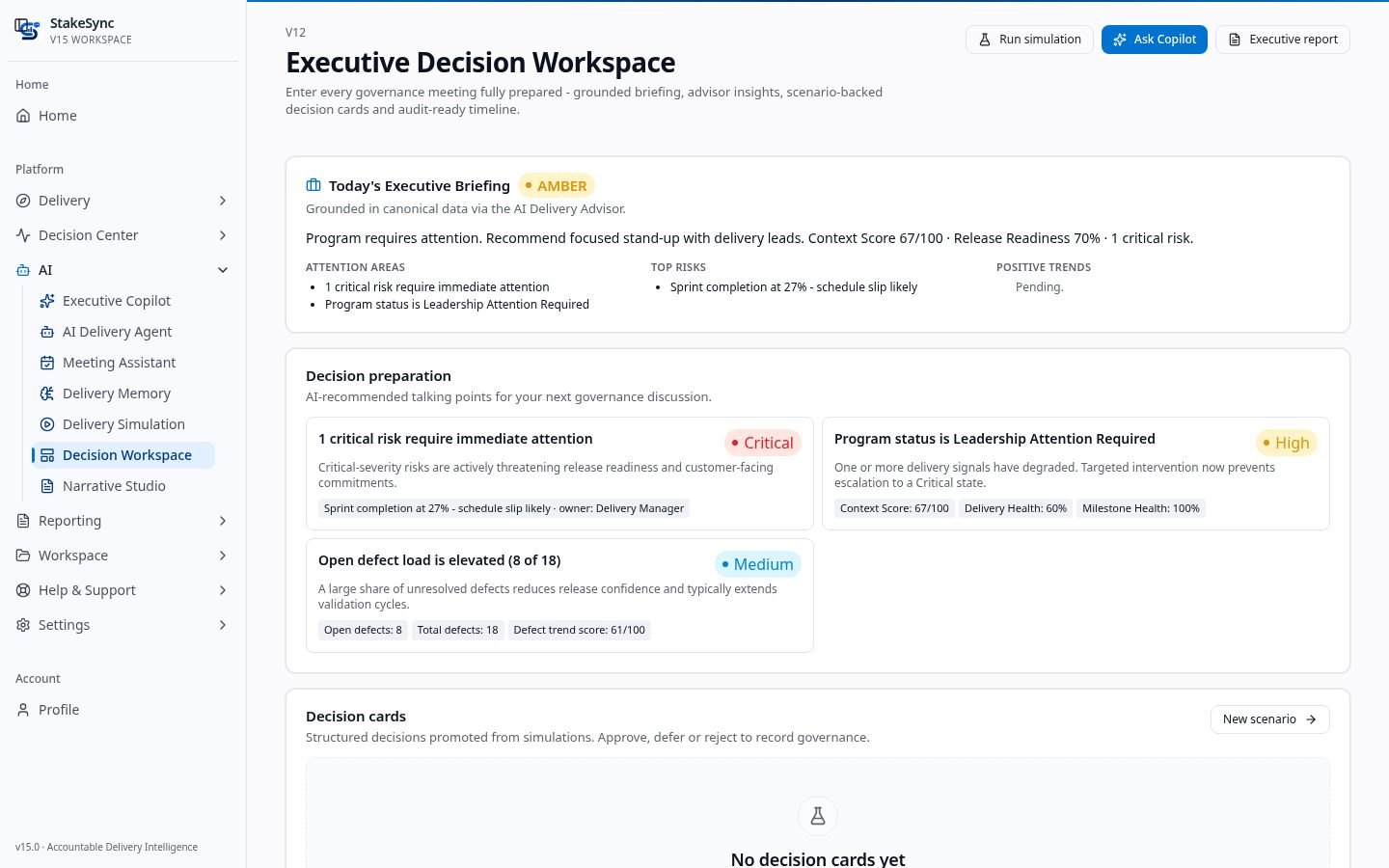 StakeSync AI Executive Decision Workspace showing an executive briefing and decision preparation cards
