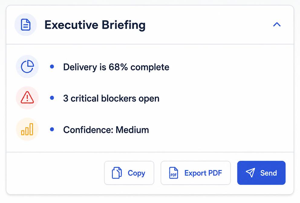Executive briefing panel summarising delivery status, blockers and confidence
